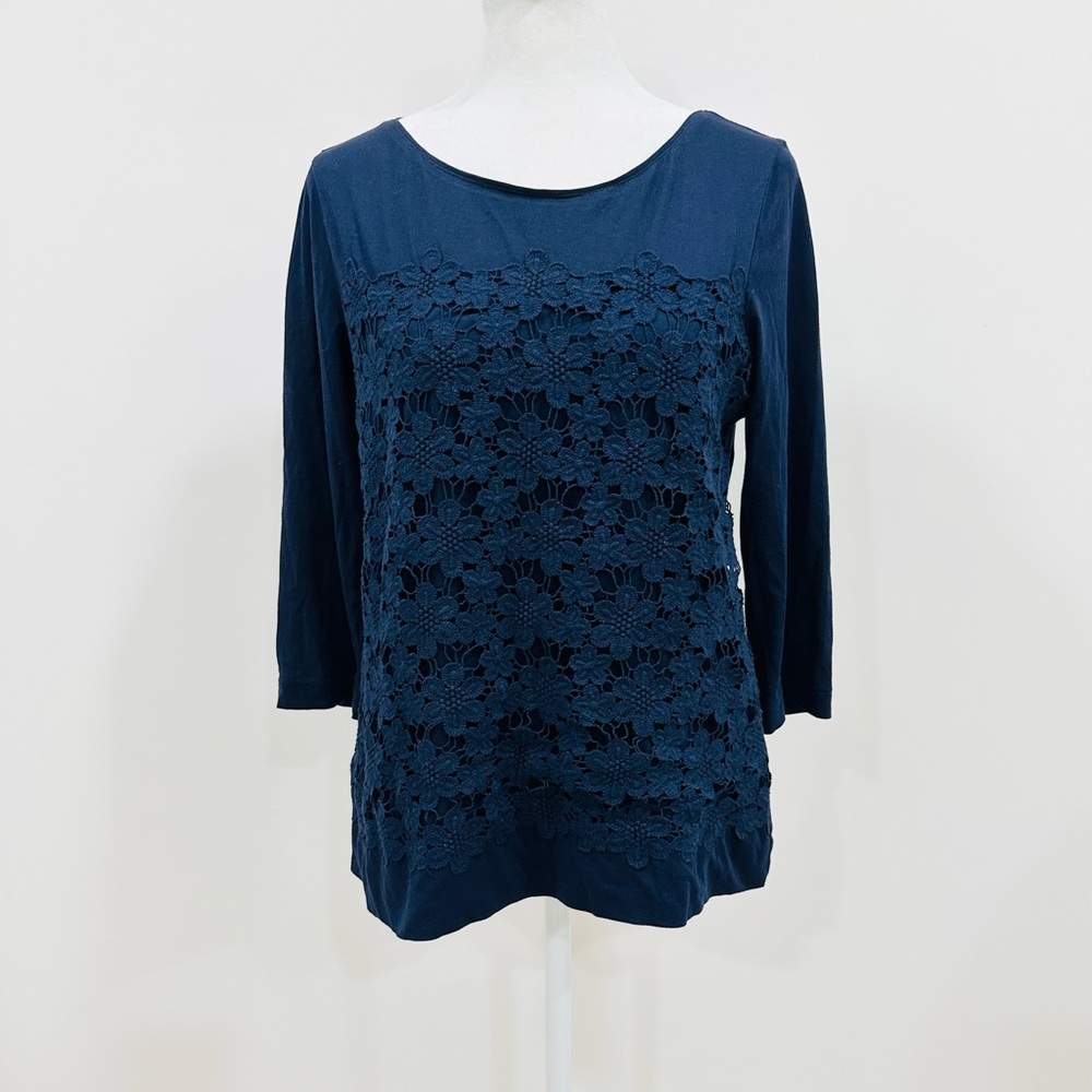 J crew top women's small Daisy Lace trim floral navy‎ cotton blouse round neck